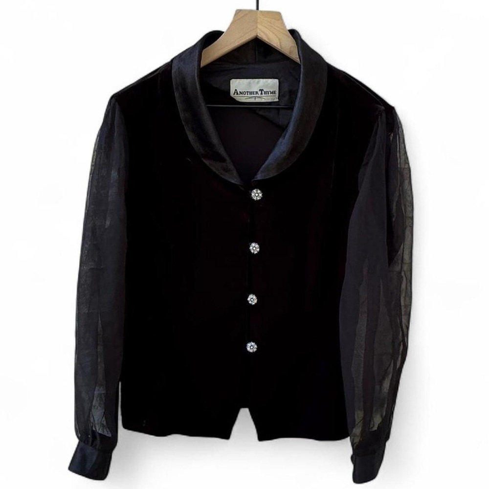 Vintage Another Thyme Velvet Blouse with Sheer Sleeves & Rhinestone Buttons